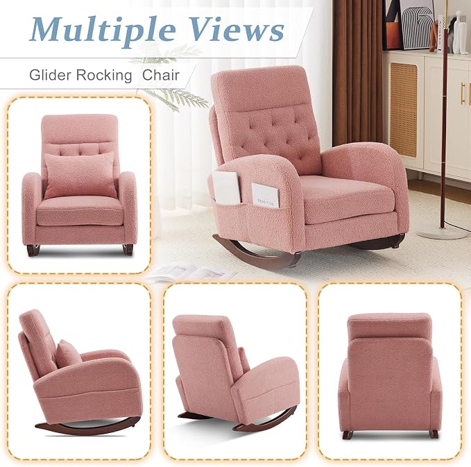 VINGLI Teddy Fleece Low Seat Rocking Chair, Boucle Upholstered Nursery Glider - Image 6