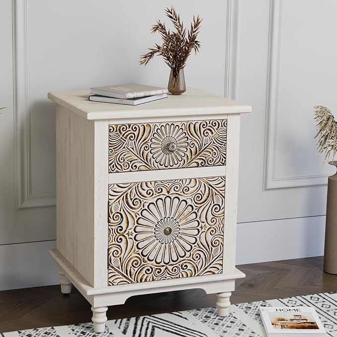 HOMPUS White Nightstand with Drawer & Storage, Fully-Assembled Flower Motif by HOMPUS