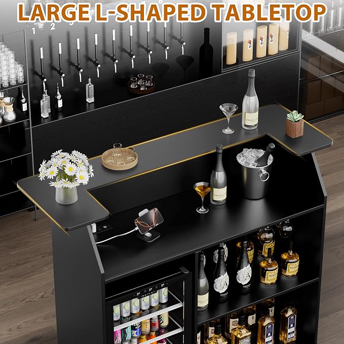 L-Shaped Home Bar Unit with Power Outlet, 4-Tier Corner Liquor Bar Cabinet with - Image 8