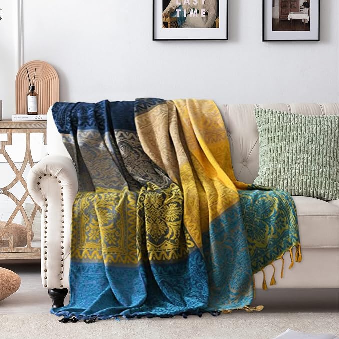 Bohemian Throw Blanket for Couch，Colorful Chenille Tassels Boho Woven Hippie - Image 3