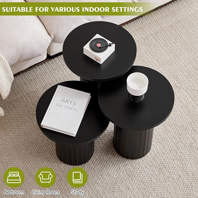 Round Side Tables Set of 3, Circle Modern Fluted Nesting Coffee Table, Accent - Image 4