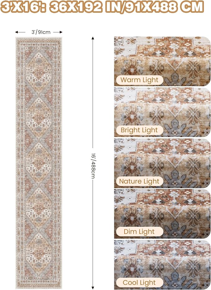 3x16 Runner Rug for Hallway, Non-Slip Long Kitchen Mats for Floor, Vintage - Image 2