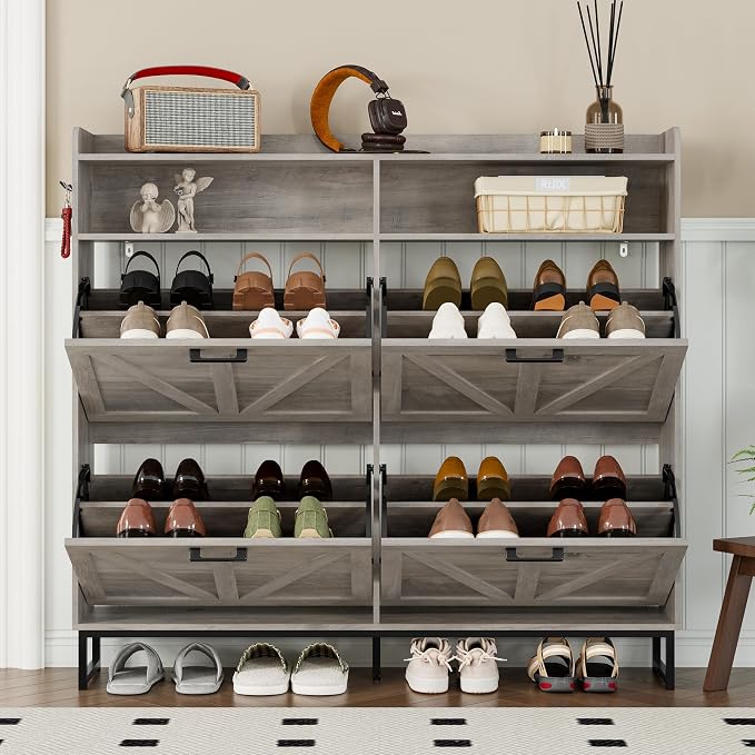 BORNOON Shoe Cabinet with 4 Flip Drawers Narrow Shoe Storage Cabinet Organizer - Image 7