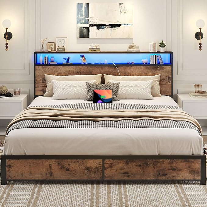 Lifezone Queen Bed Frame with 2-Tier Storage Headboard, Metal Platform Bed - Image 3