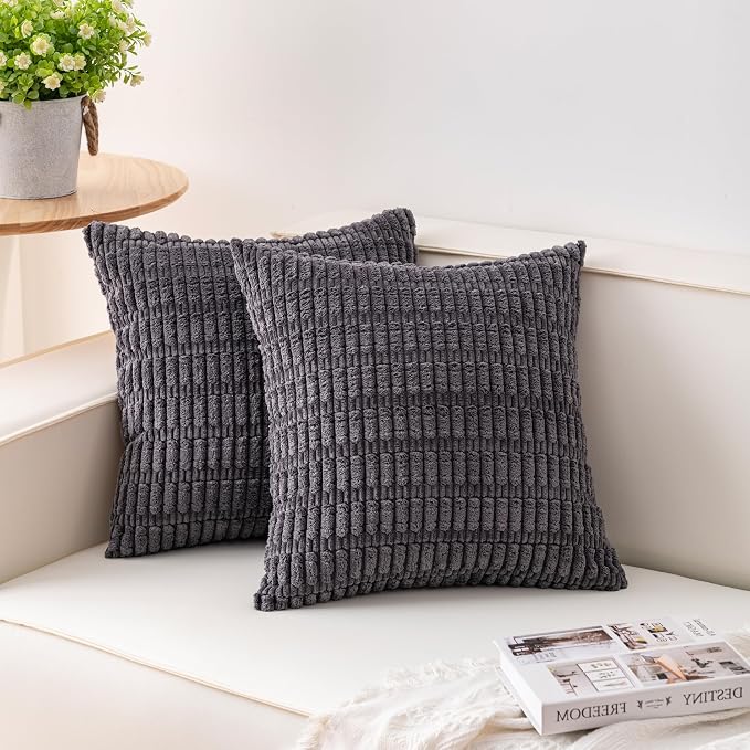 Pack of 2 Corduroy Decorative Throw Pillow Covers 16x16 Inch Soft Striped by Unknown