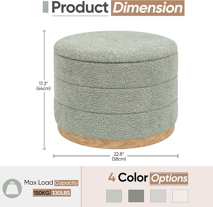 Round Storage Ottoman with Tray Lid, Folding Chenille Fabric Footrest with - Image 3