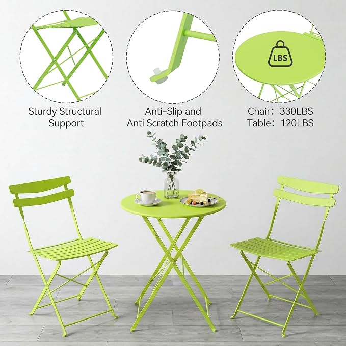 GarveeLife 3 Piece Patio Bistro Set, Folding Patio Bistro Table and Chairs Set - Image 6