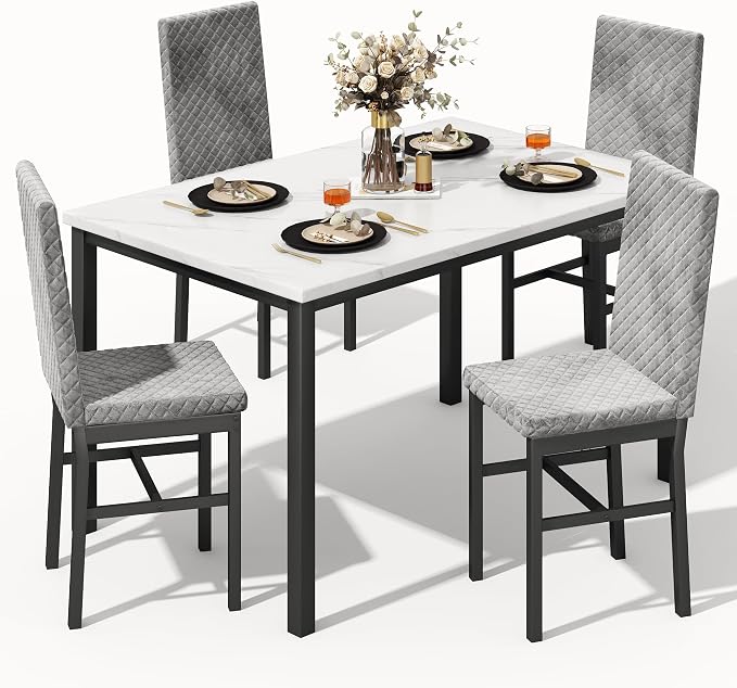 Recaceik Dining Table Set for 4, Modern 5 Piece Dining Table Set Faux Marble by Recaceik