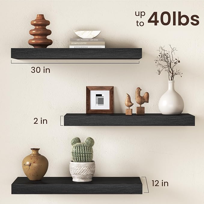 30Inch Black Floating Shelves for Wall, 12 Inch Deep Shelves for Bedroom - Image 3