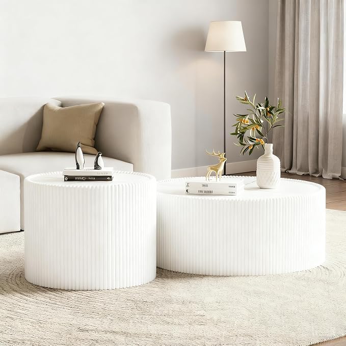 White Marble Coffee Table Set of 2, 29.52" Round Flued Coffee Table and End - Image 4