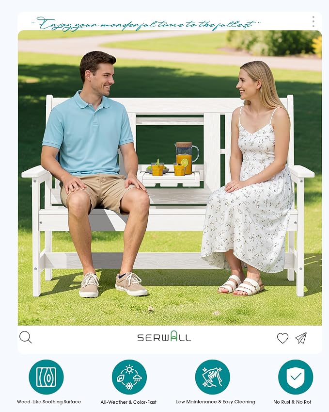 SERWALL Outdoor Bench with Cup Holder, Oversized 58" HDPE Porch Bench Suitable - Image 9