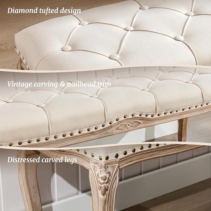 Cozyman Bedroom Bench, French Vintage Entryway Bench 52.5" Carving Upholstered - Image 4
