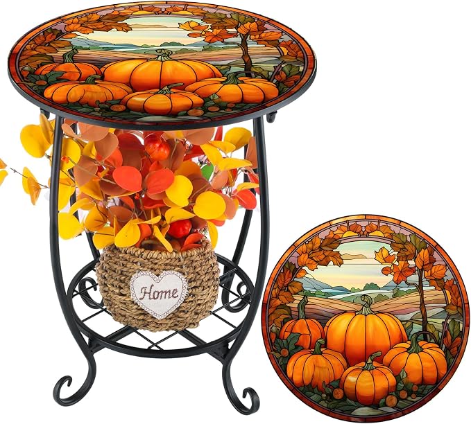 Cinnvoice Outdoor Side Table Round Small Mosaic Patio Accent Indoor End Plant - Image 8