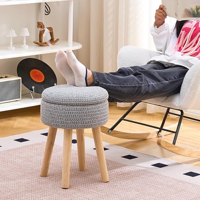 Wimarsbon Pouf Ottoman, 100% Cotton Knitted Boho Footstool, Round Footrest - Image 5