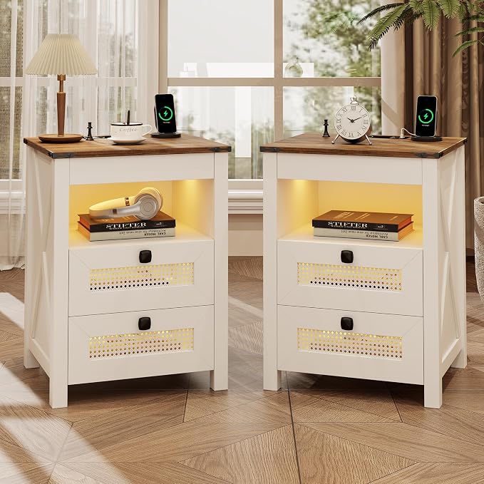 FREDEES Nightstand Set 2 with Gun Drawer, Bed Side Table with Charging Station by FREDEES