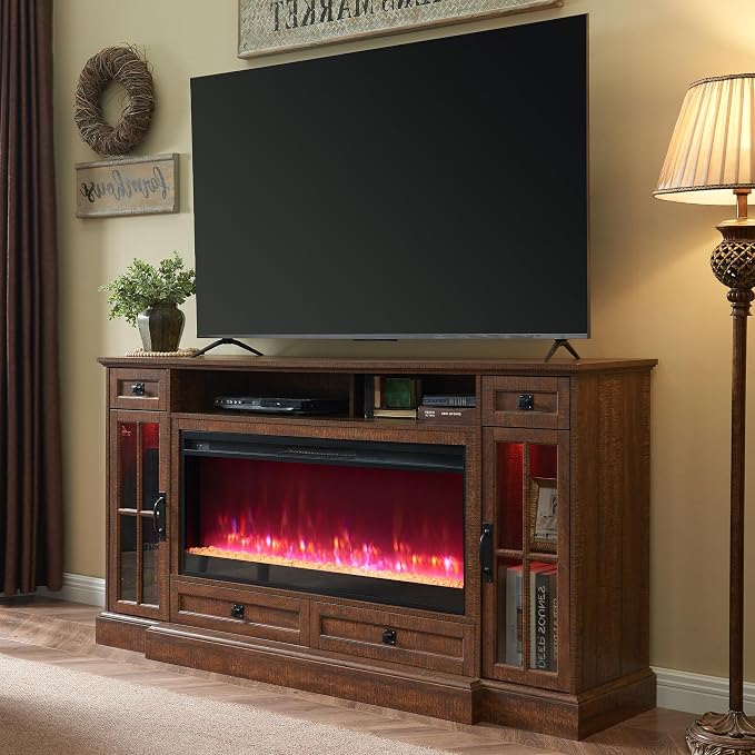 OKD Fireplace TV Stand for 80 Inch TV, Farmhouse Entertainment Center by OKD