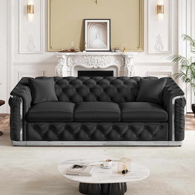 84.6" Luxury Chesterfield Sofa Velvet Tufted Sofa Black and Silver Couch - Image 8