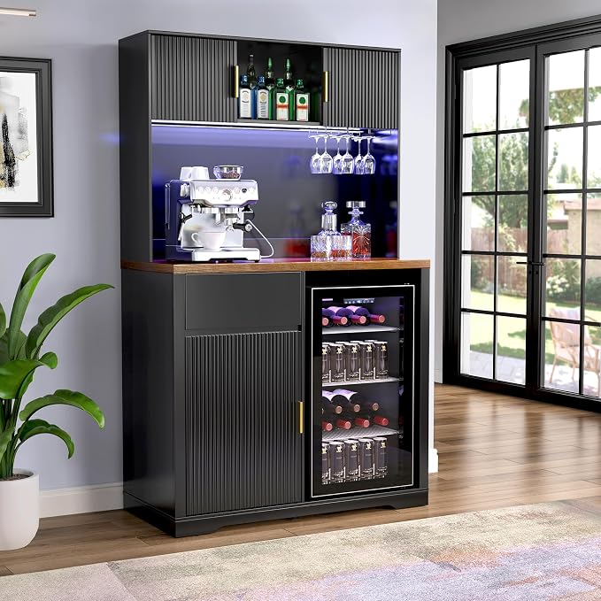 GDLF 72" Tall Bar Cabinet with Fridge Space, Fluted Coffee Liquor Hutch Cabinet - Image 8