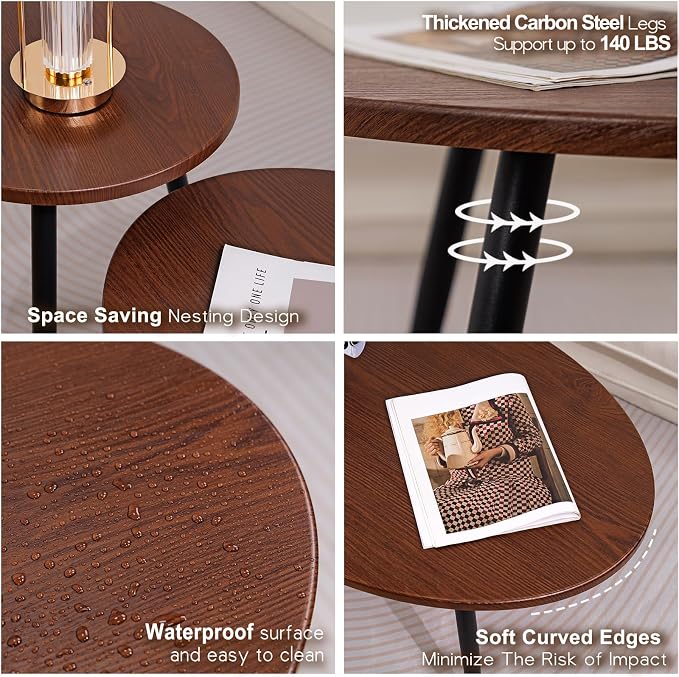 2 Pcs Small Oval Coffee Table, 31.5" Retro Walnut Coffee Tables Nesting Tables - Image 4