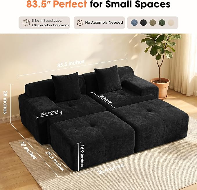 83.5" Boneless Loveseat with 2 Ottoman, Cloud Comfy Sofa Bed, Modular Sofa - Image 2