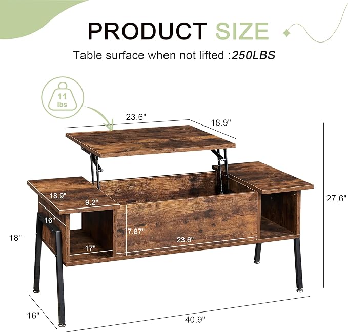 VECELO Wood Lift Top Coffee Table - Image 2