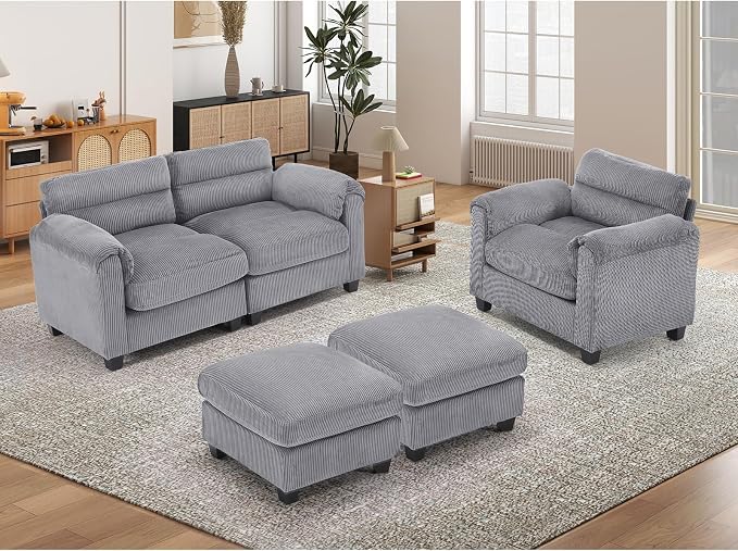 HAOMARKETS Corduroy 4-Piece Sofa Set, Upholstered Ottoman Set of 2, Accent - Image 6