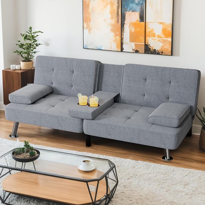 Shahoo Modern Linen Upholstered Convertible Folding Futon Sofa Bed by BuynowfromShahoo