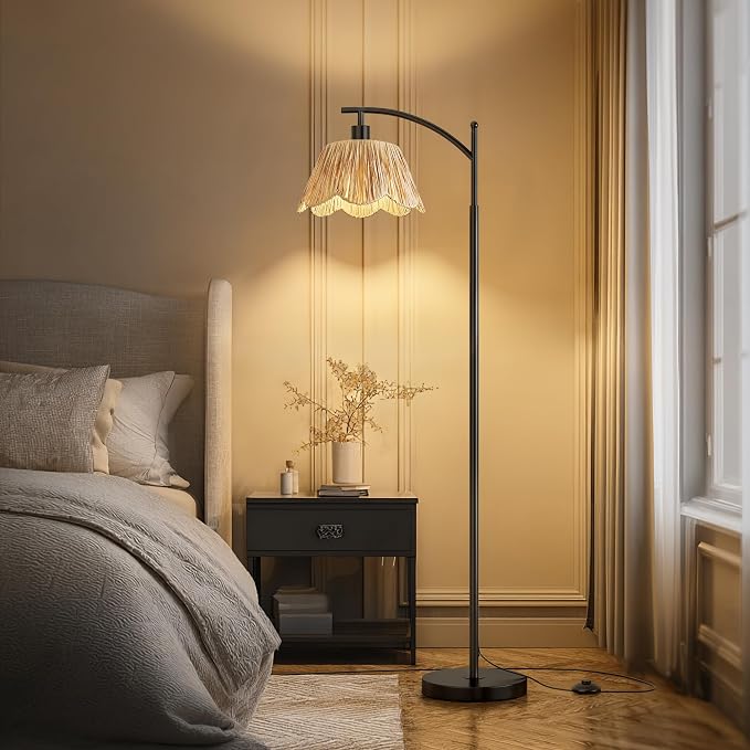 Oneach Arc Floor Lamp for Living Room, Rattan Boho Floor Lamp - Image 4