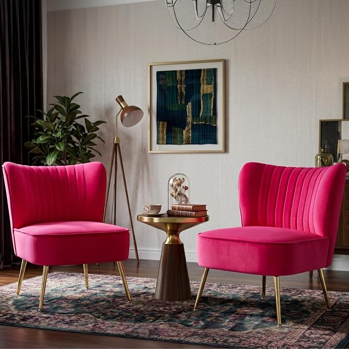 Velvet Accent Chair Set of 2 Comfy Living Room Chair Armless Slipper Chair Mid - Image 8