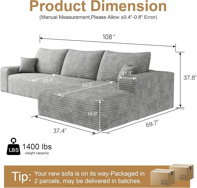 108" Sectional Couches for Living Room Cloud Couch Sofa - Image 2