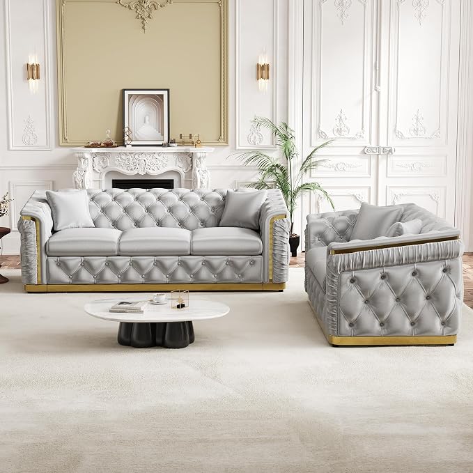 Luxury Chesterfield Sofa Set of 2, Velvet Tufted Couch Victorian Black and Gold - Image 9