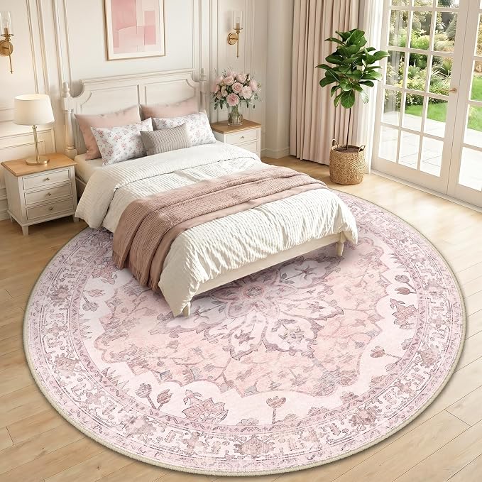RELEANY Area Rugs Round 10ft Washable Non-Slip, Floral Vintage Distress Print - Image 2
