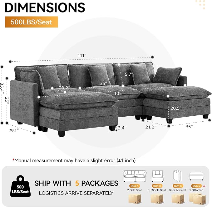 111'' Sectional Cloud Deep Seat Couch, Oversized Chenille U Shaped Sectional - Image 2