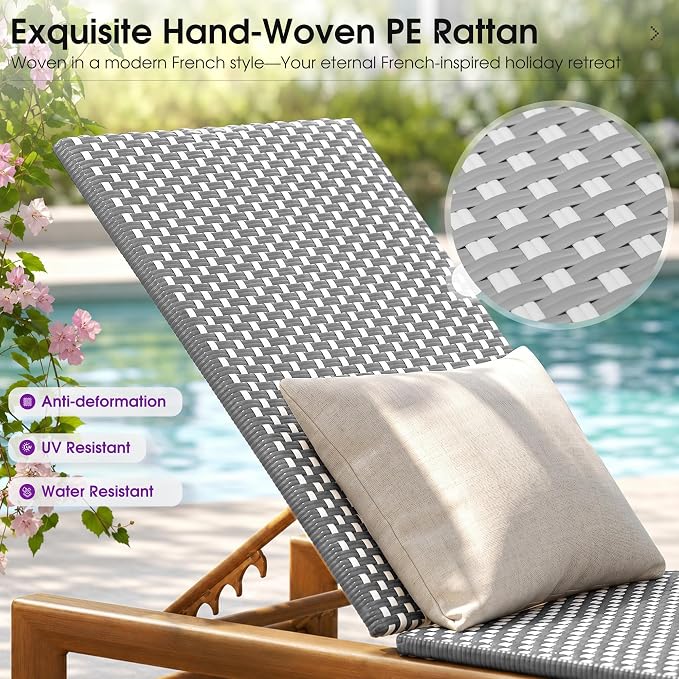 PURPLE LEAF Patio Chaise Lounge French Outdoor Lounger 1 Piece Matte Teak Grain - Image 3