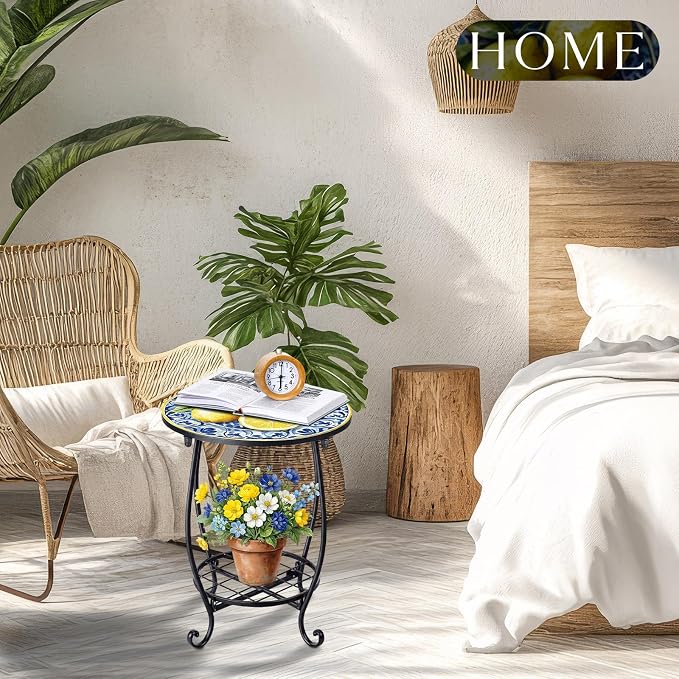 Cinnvoice Outdoor Side Table Round Small Mosaic Patio Accent Indoor End Plant - Image 6