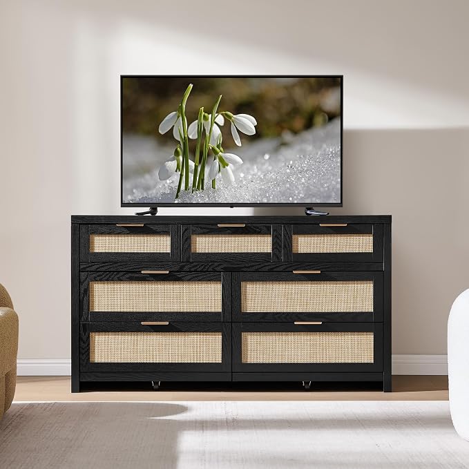 SICOTAS 7 Drawer Dressers for Bedroom Set 2, Long Rattan Dresser, Dresser TV - Image 9