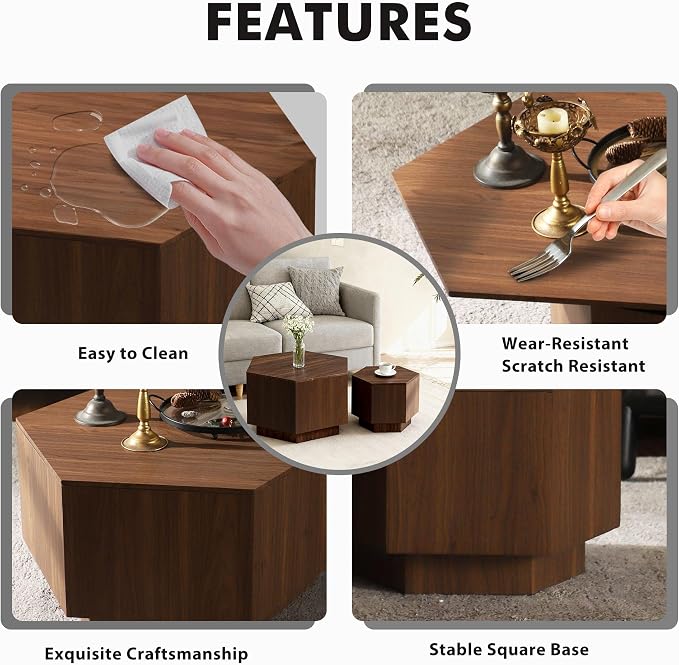 Hexagonal Nesting Coffee Tables Set of 2, Walnut Coffee Table - Image 6