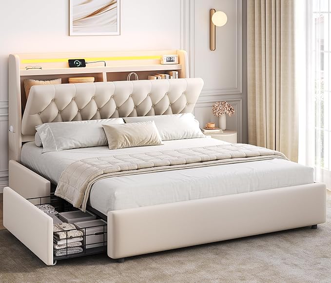 Full LED Velvet Bed Frame with 2 Storage Drawers&Hidden Headboard, Upholstered by JOCOEVOL