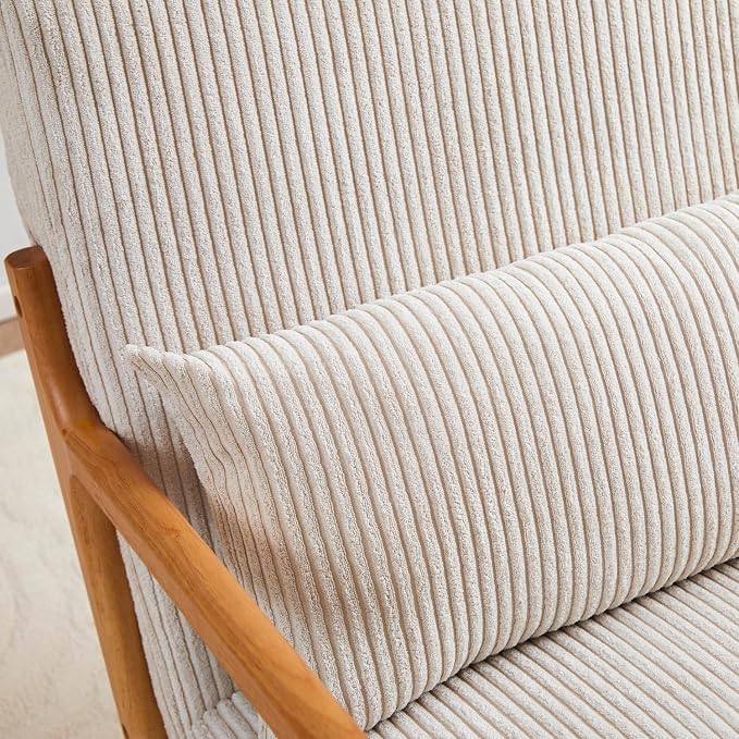 Mid-Century Modern Accent Chair Beige Rubberwood Frame Living Room Bedroom - Image 4