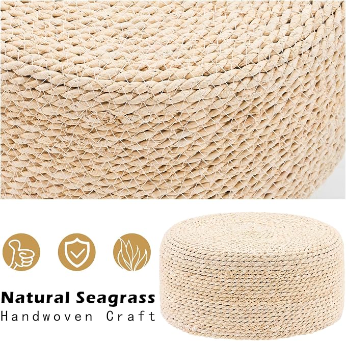 Cpintltr Ottoman Natural Seagrass Footrest Poufs Hand Weave Round Foot Stool - Image 6