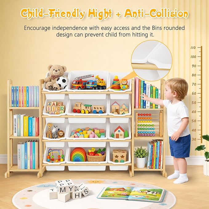 Toy Storage Organizer with Bookshelf – Wooden Toy Organizer with 12 Toy Bins & - Image 4