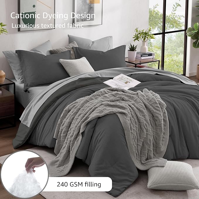 Monbix Full Size Comforter Set, Dark Grey Bedding Comforter - Image 3