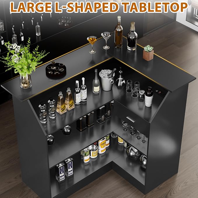 L-Shaped Home Bar Unit with Power Outlet, 4-Tier Corner Liquor Bar Cabinet with - Image 4