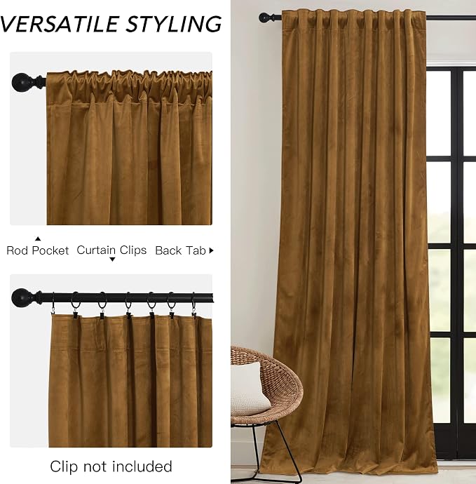 RYB HOME Gold Brown Velvet Curtains 102 inches - Image 3