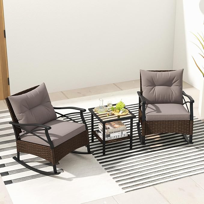Tangkula 3 Pieces Outdoor Rocking Chairs Set, Rattan Heavy Duty Cushioned - Image 6