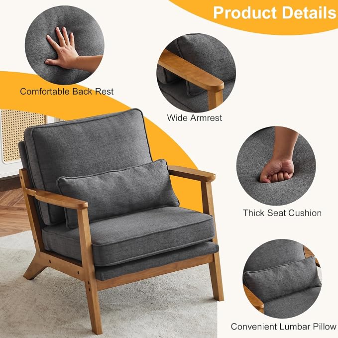 Karl home Accent Chair Wide Armrest Mid-Century Lounge Chair Linen Fabric - Image 3