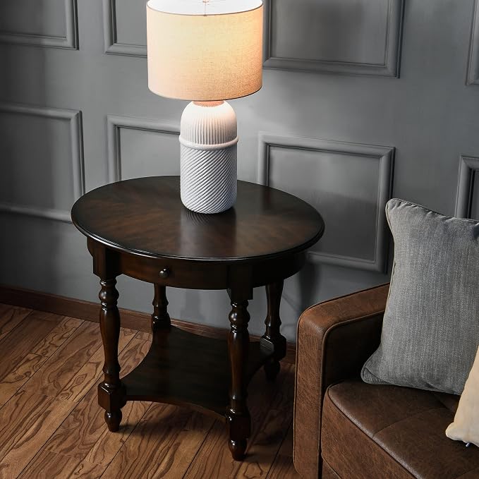 Solid Wood Oval End Table with Drawer and Storage Shelf, Vintage Walnut - Image 4