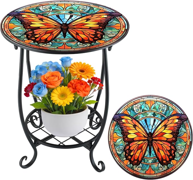 Cinnvoice Outdoor Side Table Round Small Mosaic Patio Accent Indoor End Plant by Cinnvoice