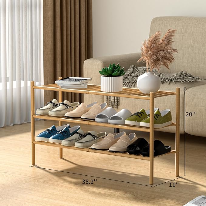 ROMGUAR CRAFT 3-Tier Bamboo Long Shoe Rack, Free Standing Wood Shoe Shelf - Image 3