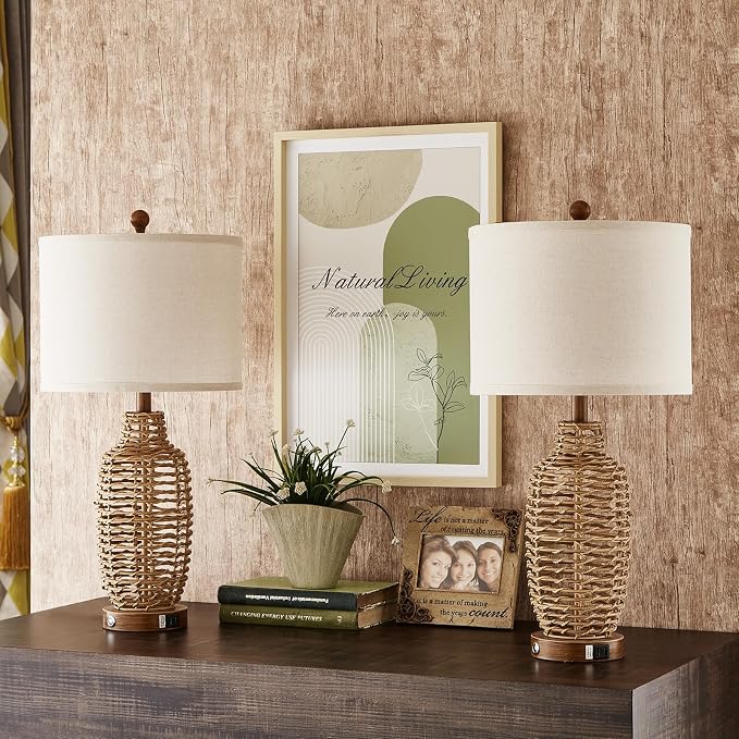 Rattan Table Lamps Set of 2 Wicker Lamps 3 Way Dimmable Touch Control Farmhouse - Image 8
